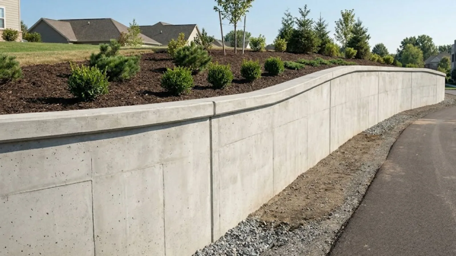 New concrete retaining wall along a road